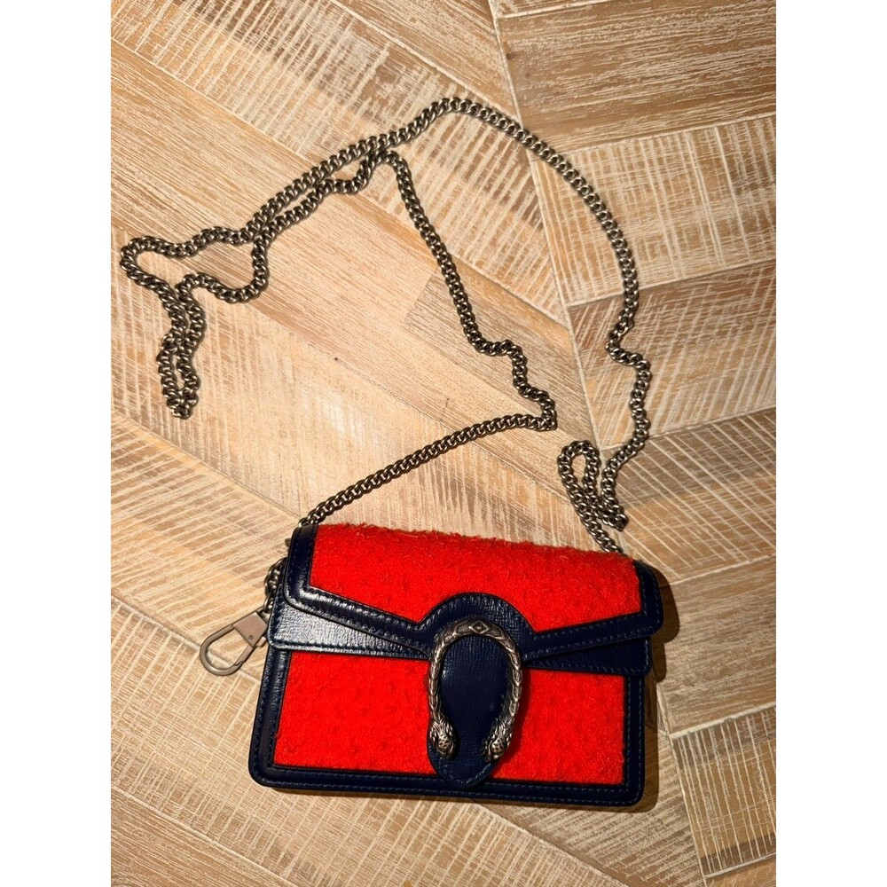 Gucci Dionysus Super Mini CrossBody Bag Red Tweed Wool Navy Blue Leather Chain